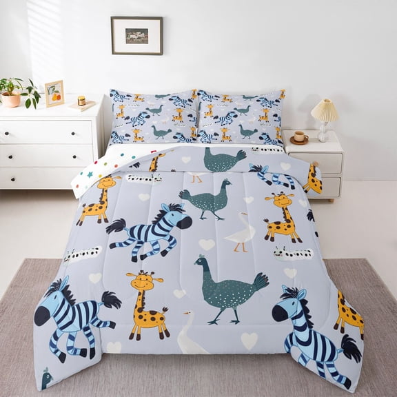 Manfei Giraffe Zebra 2pcs Bedding Comforter Set for Preppy Children Kids,Cartoon Jungle Animal Twin Comforter Sets,Love Heart Print Breathable Bedding Set,Super Cozy Room Decor,Reversible