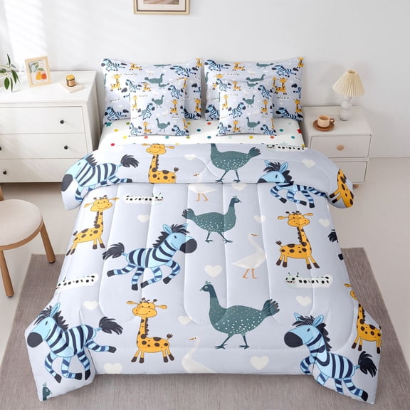 Manfei Giraffe Zebra 7pcs Bedding Comforter Set for Preppy Children Kids,Cartoon Jungle Animal Queen Bedding Sets Super Cozy,Love Heart Print Queen Sheet Sets,Super Cozy Room Decor,Reversible
