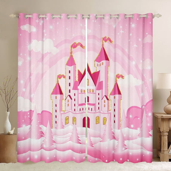 Manfei Girl Castle Black Out Curtains,Pink Glitter Theme Curtains Pack of 2 (42x63 Each),Princess Bedroom Curtains,Ultra Soft Bedroom Decorative