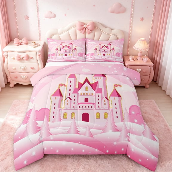 Manfei Girl Castle Queen Comforter Set,Pink Glitter Theme Bedding Sets,Princess Bedding Comforter Set,Ultra Soft Bedroom Decorative Reversible,3-Piece