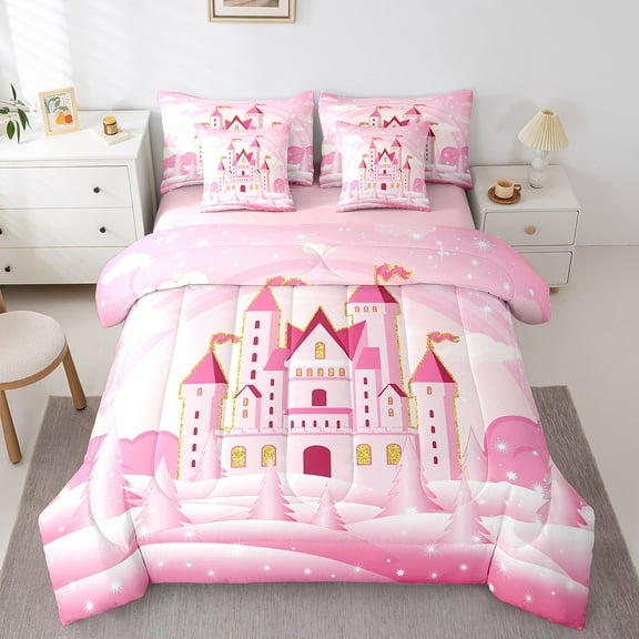 Manfei Girl Castle Twin Bedding Sets 7 Pieces,Pink Glitter Theme Bedding Comforter Set 7 Pieces,Princess Sheet Sets,Ultra Soft Bedroom Decorative Reversible