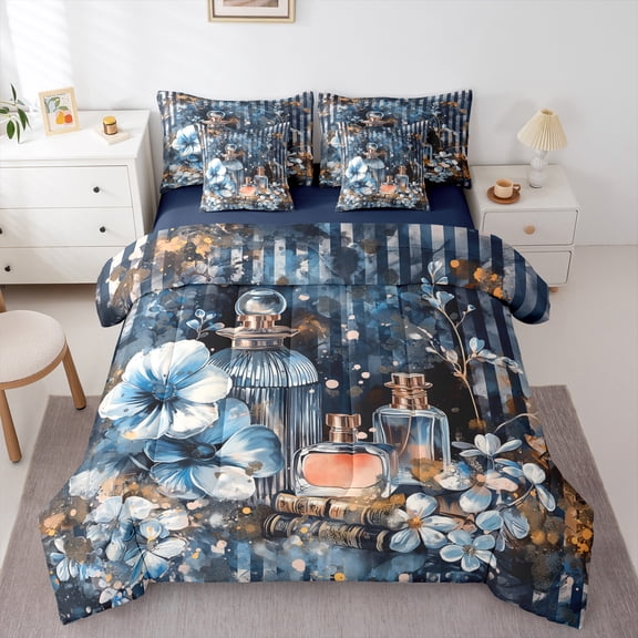 Manfei Girl Perfume 7 Pieces Bedding Comforter Set,Romantic Makeup Themed Full Bedding Set,Blue Flower Floral Fitted Sheet Flat Sheet For Princess,Microfiber Bedroom Decor Reversible