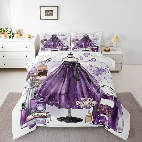 Manfei Girl Perfume Dress King Size Comforter Sets,Fairy Tale Princess Bedding Comforter Set,Purple Splash Ink Bedding Set For Kids,Ultra Soft Home Decor Reversible,3-Piece