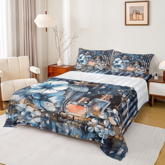 Manfei Girl Perfume Full Size Sheets,Romantic Makeup Themed Bed Sheets,Blue Flower Floral Sheet Sets For Princess,Microfiber Bedroom Decor,4pcs