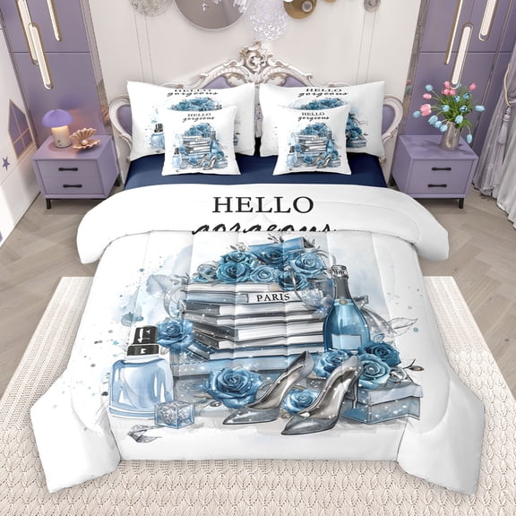 Manfei Girl Perfume High Heels 7-Piece Twin Bedding Sets,Watercolor Splashing Ink Bedding Comforter Set,Blue Flower Floral Sheet Sets For Girls Kids,Microfiber Bedroom Decor Reversible