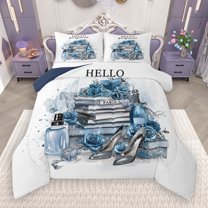 Manfei Girl Perfume High Heels Bedding Comforter Set,Watercolor Splashing Ink Twin Comforter Sets,Blue Flower Floral Bedding Set For Girls Kids,Microfiber Bedroom Decor Reversible,2-Piece