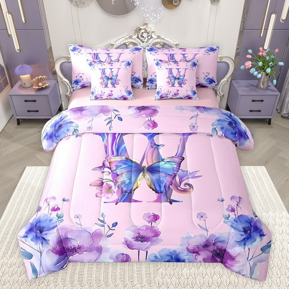 Manfei Girl Personalized Gifts 7-Piece Twin Bedding Sets,Watercolor Letter W Bedding Comforter Set,Abstract Ink Painting Sheet Sets For Princess,Lightweight Room Decoration Reversible