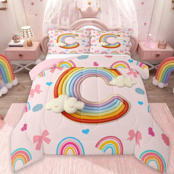 Manfei Girl Personalized Gifts Bedding Comforter Set,Rainbow Letter C Twin Comforter Sets,Cute Bowknot Loves Print Bedding Set For Princess,Lightweight Room Decoration Reversible,2 Pieces