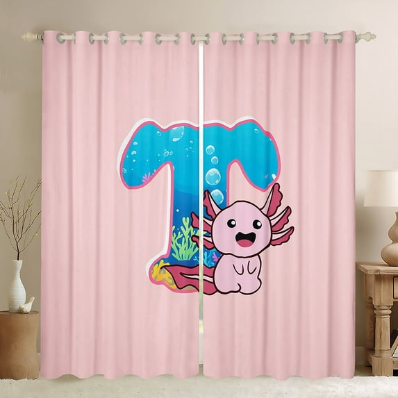 Manfei Girl Personalized Gifts Blackout Curtains Set of 2 (52x84 Each),Colorful Letter T Window Curtains,Cartoon Axolotl Watercolor Croal Curtains and Drapes For Princess,Lightweight Room Decoration