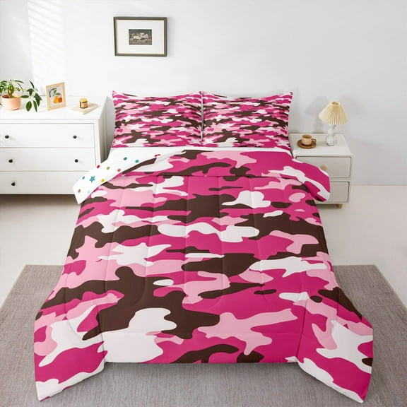 Manfei Girl Pink Camouflage Full Size Comforter Sets,Rustic Farmhouse Cabin Bedding Comforter Set,Military Camo Bedding Sets For Boys Kids,Super Cozy Room Decor Reversible,3-Piece