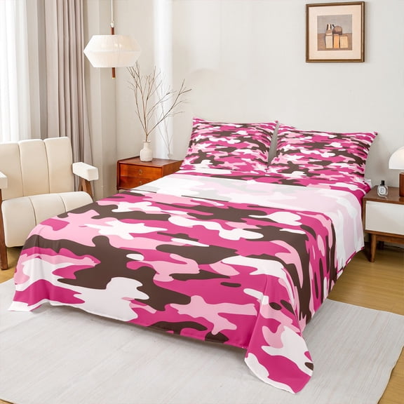 Manfei Girl Pink Camouflage Full Size Sheets,Rustic Farmhouse Cabin Bed Sheets,Military Camo Sheet Sets For Boys Kids,Super Cozy Room Decor,4-Piece