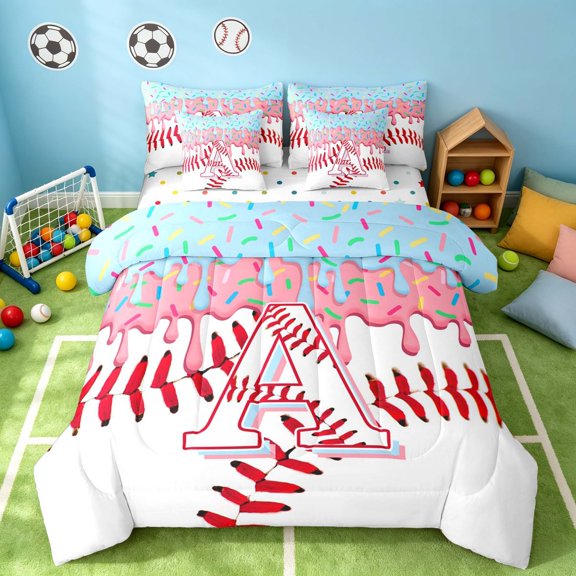 Manfei Girls Baseball Twin Bedding, Cute Monogrammed A Bedding Comforter Set, Pink Light Blue A, Polka Dots Reversible 7 Pieces