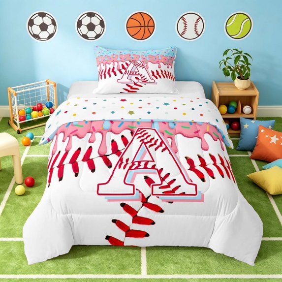 Manfei Girls Baseball Twin Comforter Sets, Cute Monogrammed A Bedding Set, Pink Light Blue A, Polka Dots Reversible 2 Pieces 1 Comforter and 1 Pillowcase