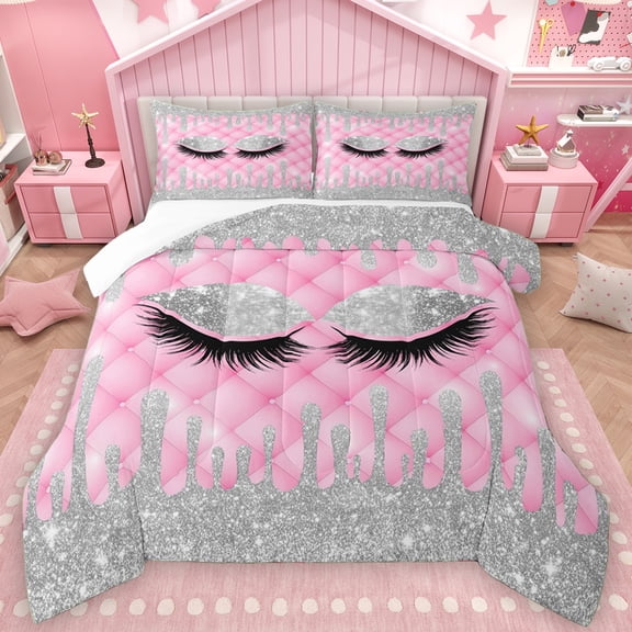 Manfei Girls Beauty Eyelashes Queen Comforter Set, Glitter Waterdrop Bedding Sets, Pink Classic Checks Bedding Comforter Set, Luxury Bedroom Decor, 3pcs