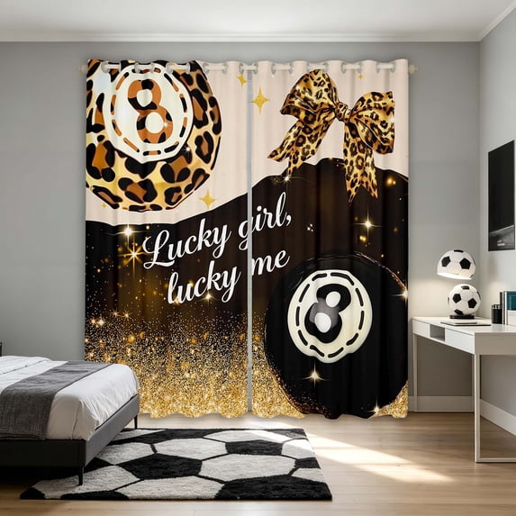 Manfei Girls Billiards Blackout Curtains, Lucky Girl Lucky Me Print Window Curtains Pack of 2 (38x45 Each), Black Gold Beige