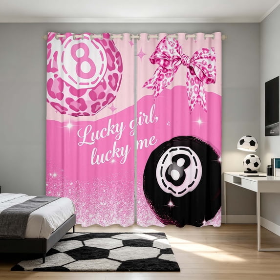 Manfei Girls Billiards Blackout Curtains Set of 2 (38x54 Each), Lucky Girl Lucky Me Print Living Room Curtains, Hot Pink Leopard