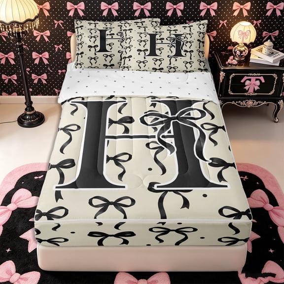 Manfei Girls Black Letter H Zipper Twin Comforter Sets with Fitted Sheet and 2 Pillowcases,Ribbon Bow Knot Polka Dots Zipper Bedding Set,4-Piece,Reversible