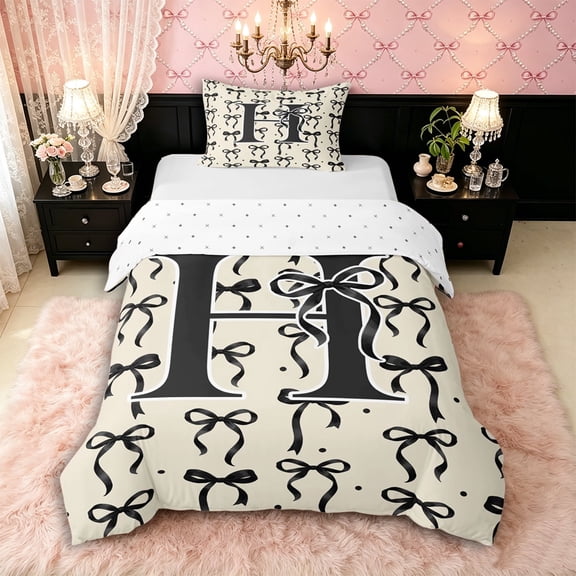 Manfei Girls Black Letter Monogrammed H Twin Bedding,Kids Teens Ribbon Bow Knot Polka Dots Duvet Cover Set,Breathable Home Decor,2pcs,No Comforter