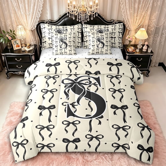 Manfei Girls Black Letter Monogrammed S Twin Bedding Sets 7-Piece,Kids Teens Ribbon Bow Knot Polka Dots Bedding Comforter Set,Luxury Bedroom Decor