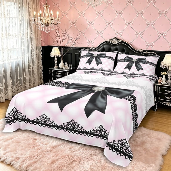 Manfei Girls Black Ribbon Bow Queen Sheet Sets 4 Pieces,Kids Teens Bohemian Flower Bed Set,Luxury Bedroom Decor