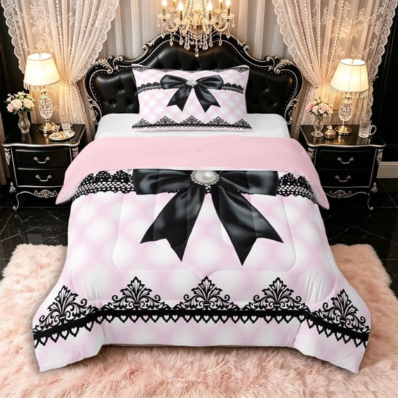 Manfei Girls Black Ribbon Bow Twin Comforter Sets 3-Piece,Kids Teens Bohemian Flower Bedding Set,Pink Reversible,Luxury Bedroom Decor