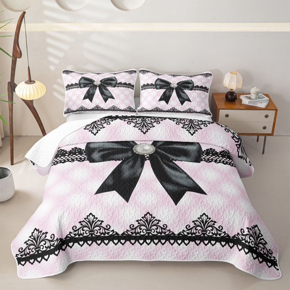 Manfei Girls Black Ribbon Bow Twin Quilt Set,Teens Bohemian Flower Twin Coverlet Set