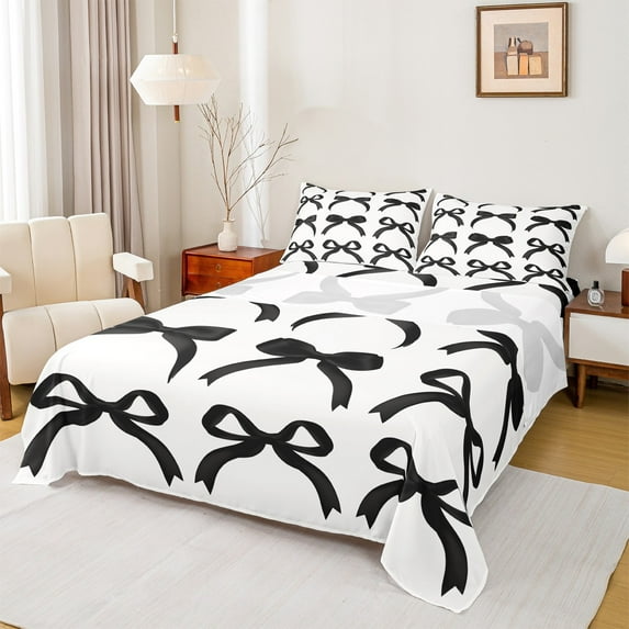 Manfei Girls Black Ribbon Full Size Sheets, Cartoon Bowknot Bow-tie Bed Sheets, Princess Bow Style Sheet Sets, Ultra Soft Home Decor, 4pcs