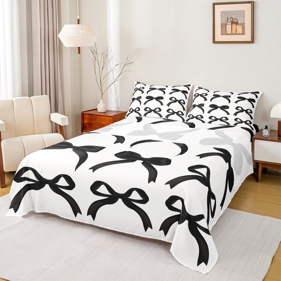 Manfei Girls Black Ribbon Full Size Sheets, Cartoon Bowknot Bow-tie Bed Sheets, Princess Bow Style Sheet Sets, Ultra Soft Home Decor, 4pcs