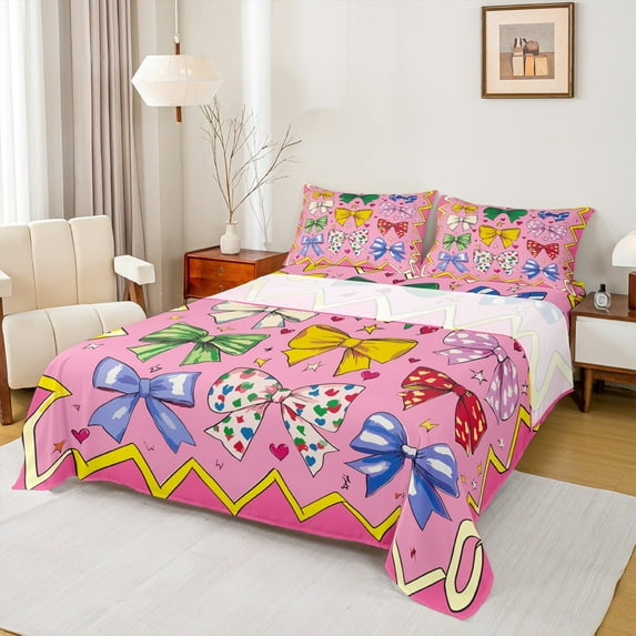 Manfei Girls Bow Bowtie Bed Sheets,Bow Knot Ribbon King Sheets,Multicolor Heart Print Sheet Set For Princess,Ultra Soft Home Decor,4pcs