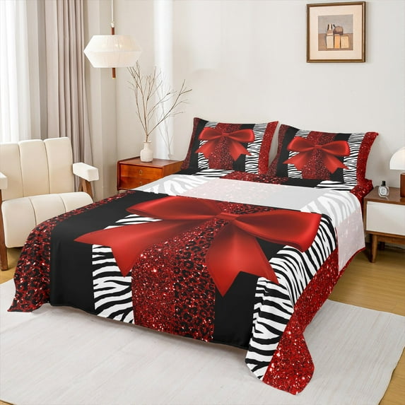 Manfei Girls Bow Knot Full Size Sheets, Leopard Zebra Print Bed Sheets, Pink Black White Sheet Sets, Luxury Bedroom Decor 4 Pieces