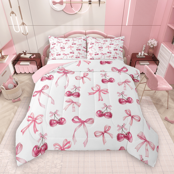 Manfei Girls Bowknot Bedding Comforter Set 2pcs, Cartoon Cherry Bow Twin Comforter Sets, Princess Style Bedding Set, White Pink Lightweight Room Decor