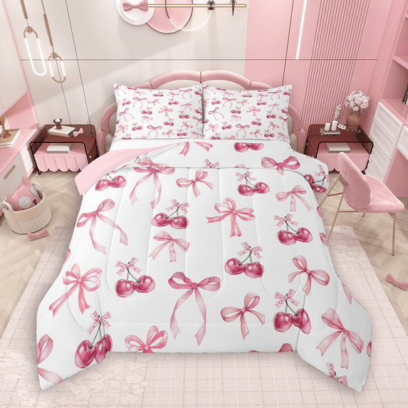 Manfei Girls Bowknot Queen Comforter Set 3 Pieces, Cartoon Cherry Bow Bedding Sets, Princess Style Bedding Comforter Set, White Pink Lightweight Room Decor