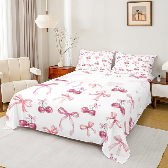 Manfei Girls Bowknot Twin Sheet Sets 3pcs, Cartoon Cherry Bow Twin Fitted Sheet, Princess Style Flat Sheet, White Pink Lightweight Room Decor