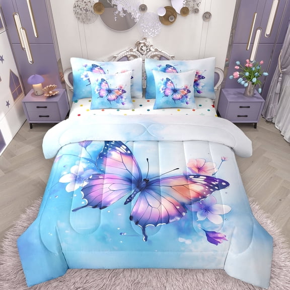 Manfei Girls Butterfly Animal 7-Piece Twin Bedding Sets, Blue Watercolor Bedding Comforter Set, Kawaii Princess Style Reversible Sheet Sets, Lightweight Room Decor