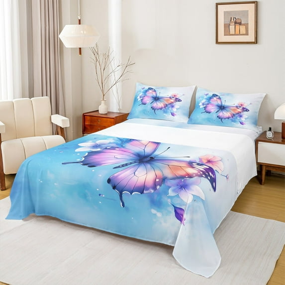 Manfei Girls Butterfly Animal Bed Sheets, Blue Watercolor King Sheets, Kawaii Princess Style Sheet Set, Lightweight Room Decor, 4 Pieces