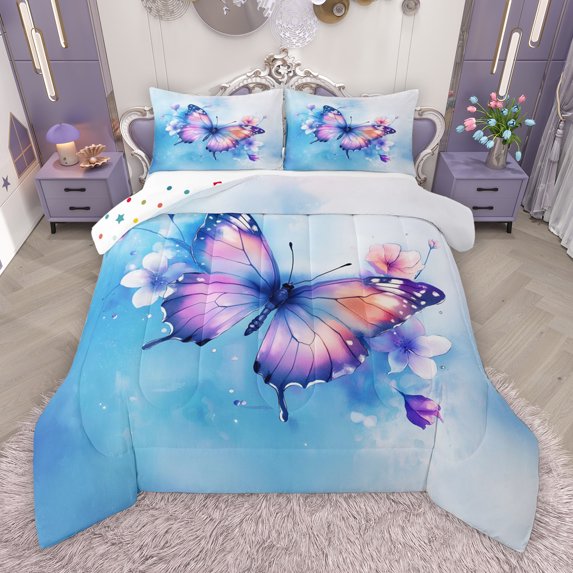 Manfei Girls Butterfly Animal Bedding Comforter Set, Blue Watercolor Twin Comforter Sets, Kawaii Princess Style Reversible Bedding Set, Lightweight Room Decor, 2 Pieces