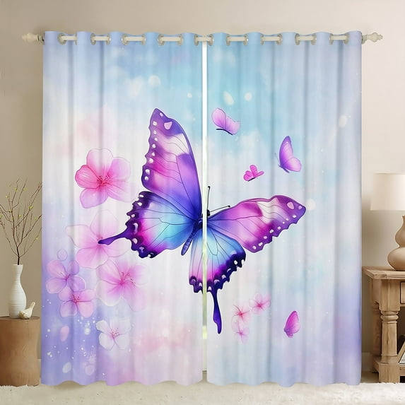 Manfei Girls Butterfly Animal Black Out Curtains, Pink Cherry Blossoms Curtains Pack of 2 (42x63 Each), Kawaii Princess Style Bedroom Curtains, Living Room Curtains Decor