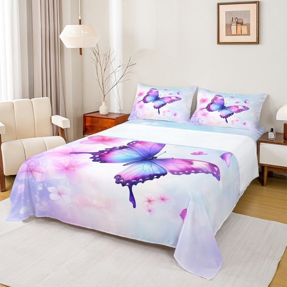Manfei Girls Butterfly Animal Full Size Sheets, Pink Cherry Blossoms Bed Sheets, Kawaii Princess Style Sheet Sets, Breathable Home Decor, 4 Pieces