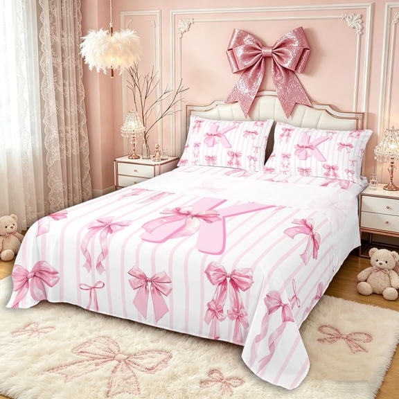 Manfei Girls Cartoon Bowknot Personalized Initial K Bed Sheets 4pcs,Geometric Stripes King Sheets for Kids Teens,Lightweight Room Decor