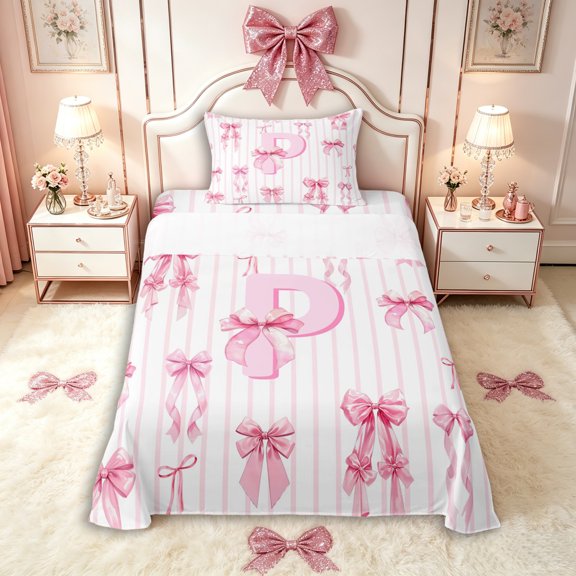 Manfei Girls Cartoon Bowknot Personalized Initial P Twin Sheet Sets 3pcs,Geometric Stripes Bedding for Kids Teens,Super Cozy Room Decor
