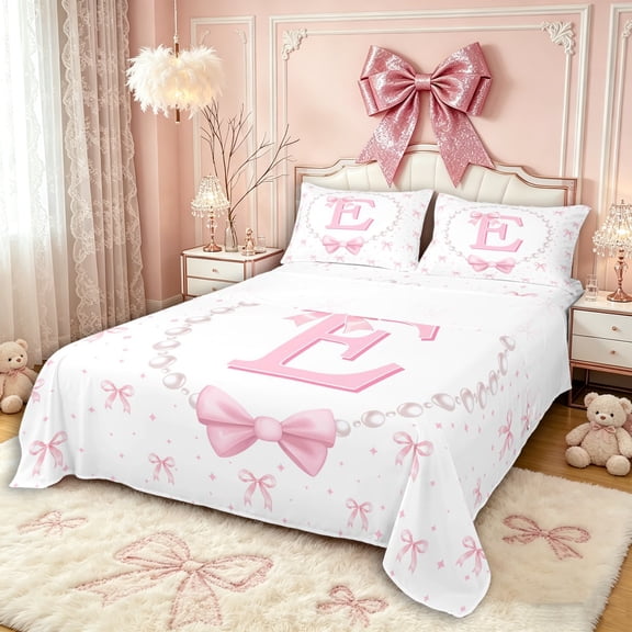 Manfei Girls Cartoon Personalized Initial E Bed Sheets 4pcs,Ribbon Bowknot Pearl Print King Sheets for Kids Teens,Microfiber Bedroom Decor