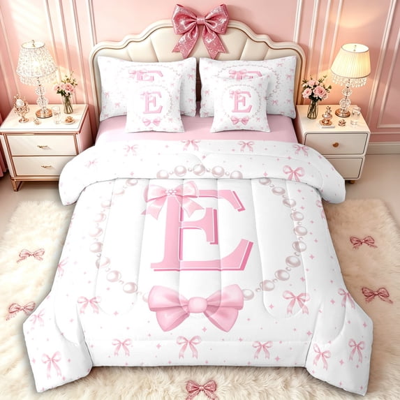 Manfei Girls Cartoon Personalized Initial E Bedding Comforter Set 7 Pieces,Ribbon Bowknot Pearl Print Full Bedding Set for Kids Teens,Pink Reversible,Microfiber Bedroom Decor