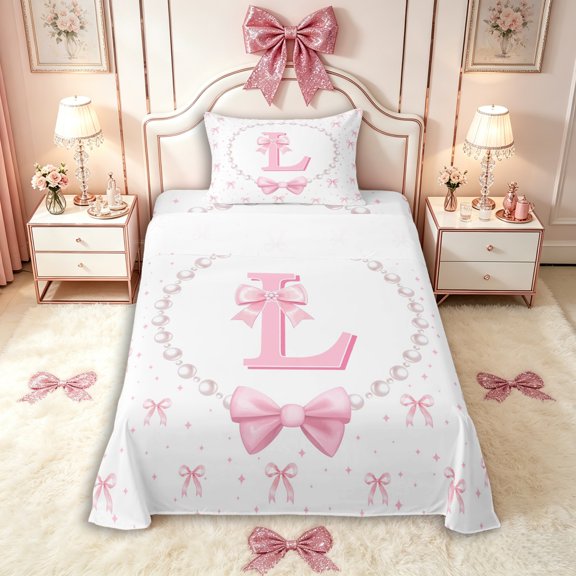 Manfei Girls Cartoon Personalized Initial L Twin Sheet Sets 3pcs,Ribbon Bowknot Pearl Print Bedding for Kids Teens,Ultra Soft Home Decor
