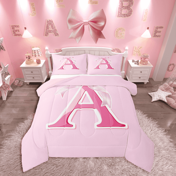 Manfei Girls Cartoon Ribbon Bow Initial A 2pcs Twin Comforter Set - Dreamy Princess Style