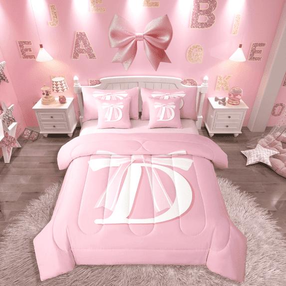 Manfei Girls Cartoon Ribbon Bow Initial D 7pcs Full Bedding Set - Dreamy Princess Style