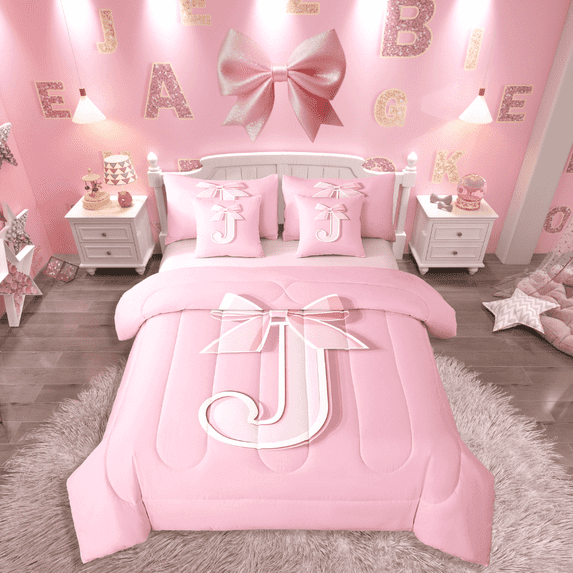 Manfei Girls Cartoon Ribbon Bow Initial J 7pcs Full Bedding Set - Dreamy Princess Style
