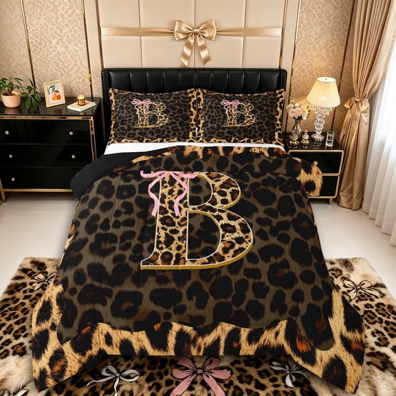Manfei Girls Cheetah Print Letter Monogrammed B Full Size Comforter Sets 3 Pieces,Teens Kawaii Ribbon Bowknot Bedding Sets,Black Reversible,Breathable Home Decor