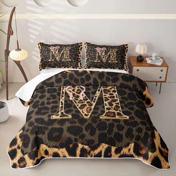 Manfei Girls Cheetah Print Letter Monogrammed M Bed Spread Queen,Teens Kawaii Ribbon Bowknot Queen Coverlet Set
