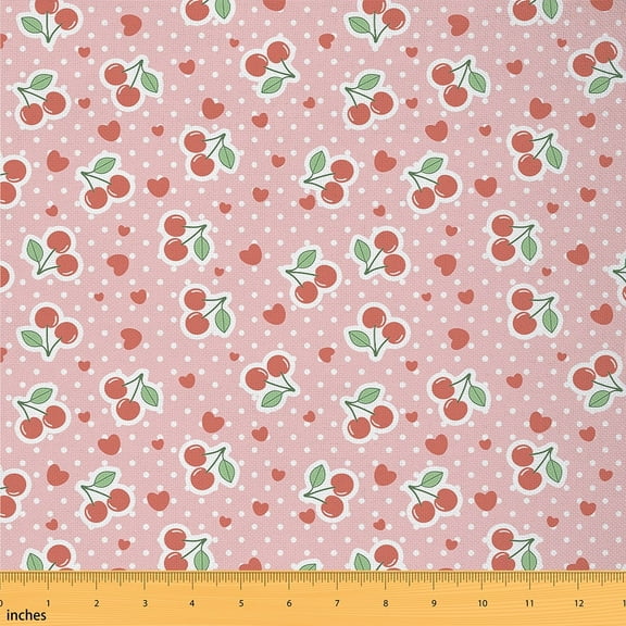 Manfei Girls Cherry Fabric by the Yard (5 Yards), Kawaii Polka Dots Decorative Fabric by the Yard, Red Love Heart Print DIY Fabric
