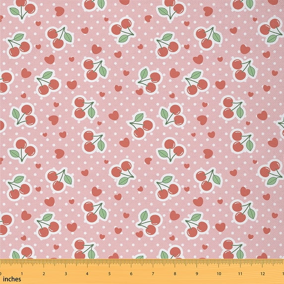 Manfei Girls Cherry Sewing & Crafting Fabric (1 Yard), Kawaii Polka Dots Home Decor Fabric by the Yard, Red Love Heart Print DIY Fabric